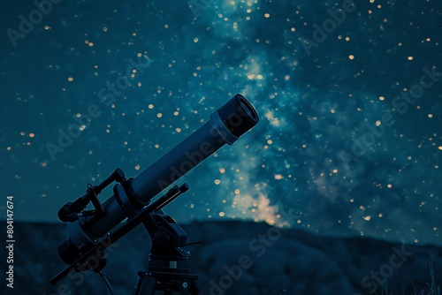 Highquality stock photo of a telescope pointed towards the stars on a clear night, with the galaxy faintly visible in the background