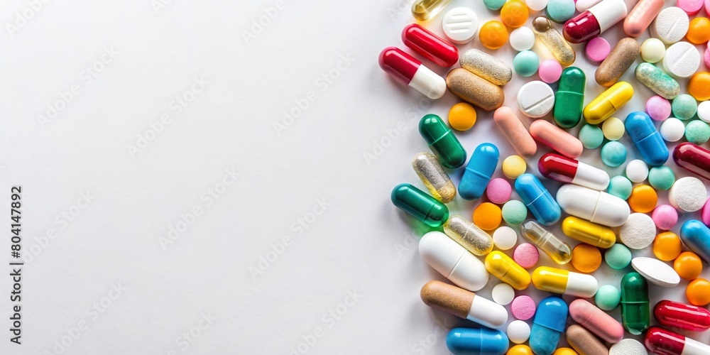 top view of multicolored tablets and pills on a white studio background with space for text top view of multicolored tablets and pills on a white studio background with space for text
