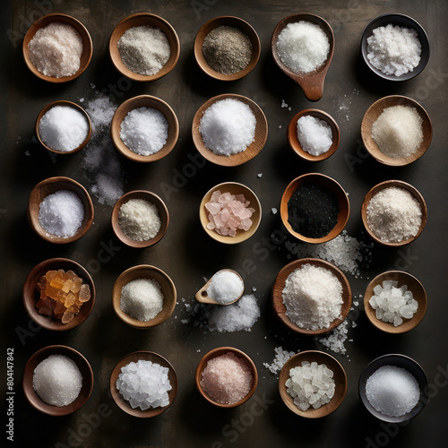 An array of various types of salt displayed in small wooden bowls, arranged on a dark surface. Copy space available.