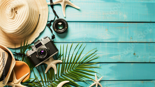 Composition with beach accessories and photo camera 