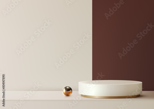 3D white and gold cylinder podium with gold balls accents sits on a red and white wall background, luxury concept, product display, mockup, showroom, showcase