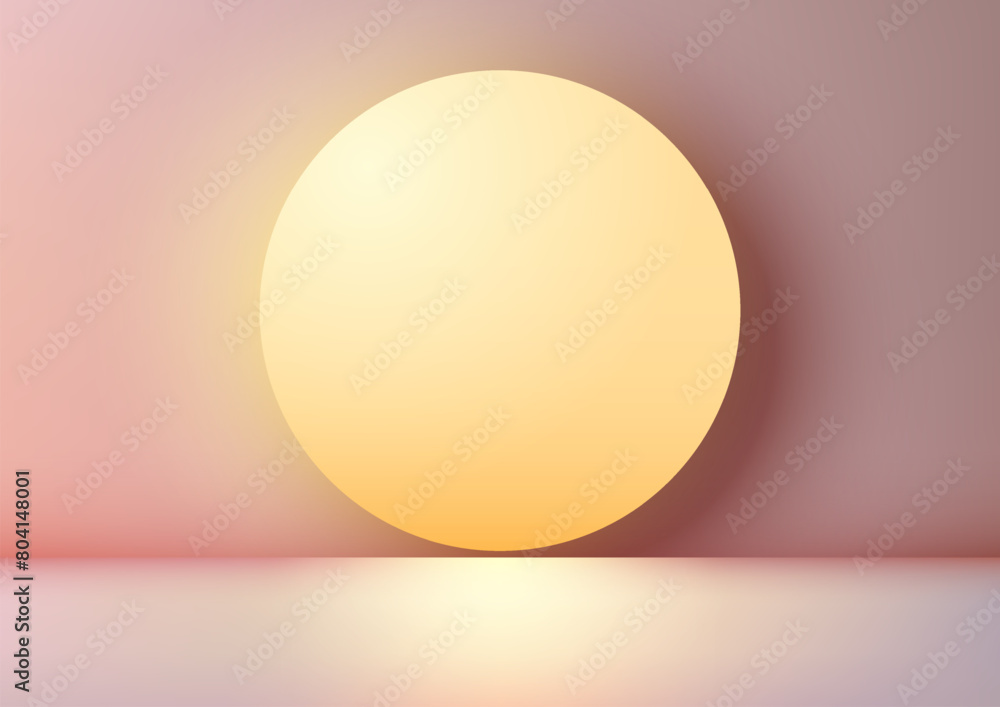 A small yellow circle backdrop sits on a light pink stage om minimal wall scene background