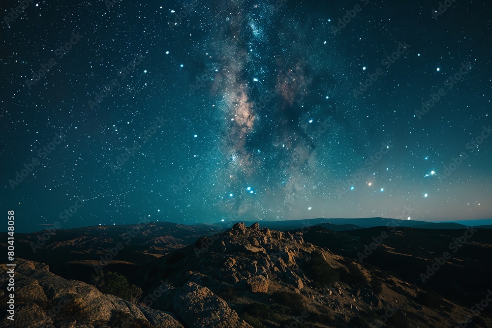 Serene stock photo of a clear night sky viewed from atop a mountain, with the galaxys core visible, emphasizing tranquility and exploration