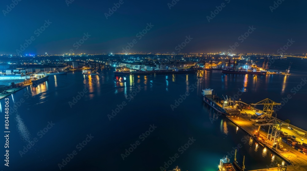 A panoramic aerial view of a port city at night, with illuminated ships and twinkling city lights creating a mesmerizing tapestry of urban activity
