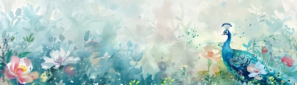 Ethereal Watercolor Painting of Peacock in Dreamy Flower Field