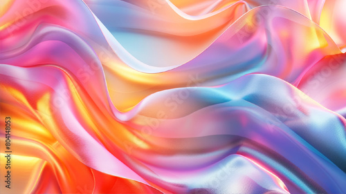 Abstract 3d banner with soft waves neon rainbow metal silk fabric. Background with pattern waves in glossy futuristic textile. Template for design card, wallpaper, banner.