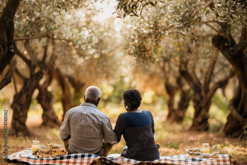 Intimate elderly African-American couple enjoying a peaceful picnic in a serene olive grove