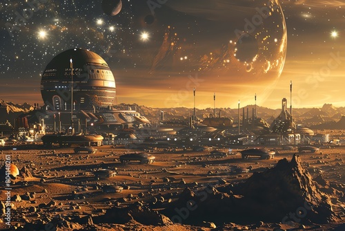 Stock image of a futuristic space colony on Mars  with habitats and vehicles  under a starfilled sky  imagining human life on another planet