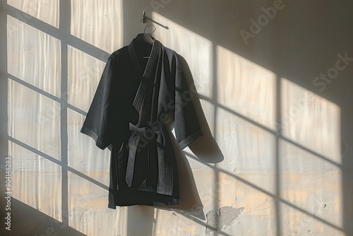 A martial arts uniform hanging on a hook, its shadow mirroring its form. photo