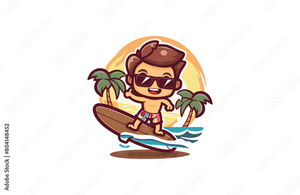 Child and Surfing vector illustration flat design logo Child and Surfing vector illustration flat design logo