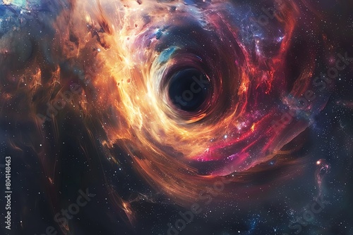 Stock image of an artistic interpretation of a black hole pulling in surrounding stars and nebulae, highlighting the forces of gravity
