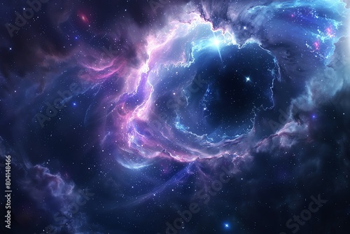 Stock image of an artistic interpretation of a black hole pulling in surrounding stars and nebulae, highlighting the forces of gravity
