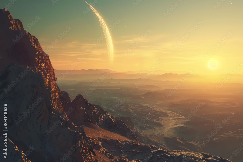 Stock image of the first light of dawn creeping over the horizon of an alien planet, casting shadows over its unique landscapes, exploring new worlds