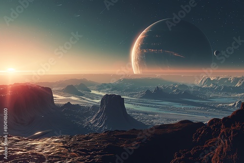 Stock image of the first light of dawn creeping over the horizon of an alien planet, casting shadows over its unique landscapes, exploring new worlds photo