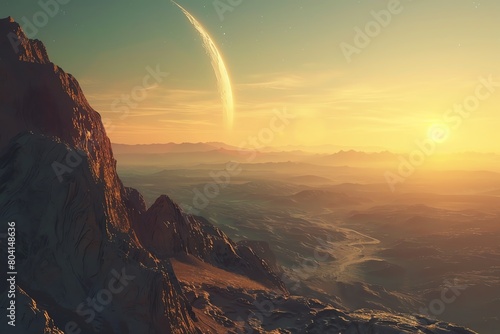 Stock image of the first light of dawn creeping over the horizon of an alien planet, casting shadows over its unique landscapes, exploring new worlds photo