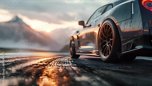 Drifting sport car on track, tire burn, mountain scene, shot from low grass angle photo
