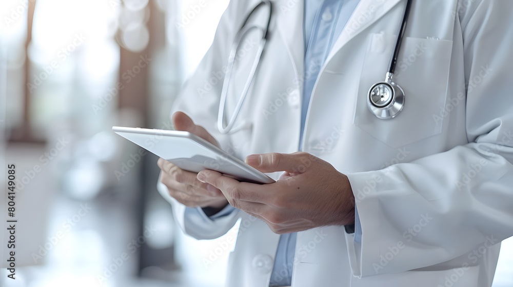 Close up of a doctor using a tablet while standing in a hospital office Close up of a doctor using a tablet while standing in a hospital office
