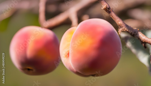 Close up of a pink and brown colour 'Peach with anthrax' fruit against a bright nature background. photo