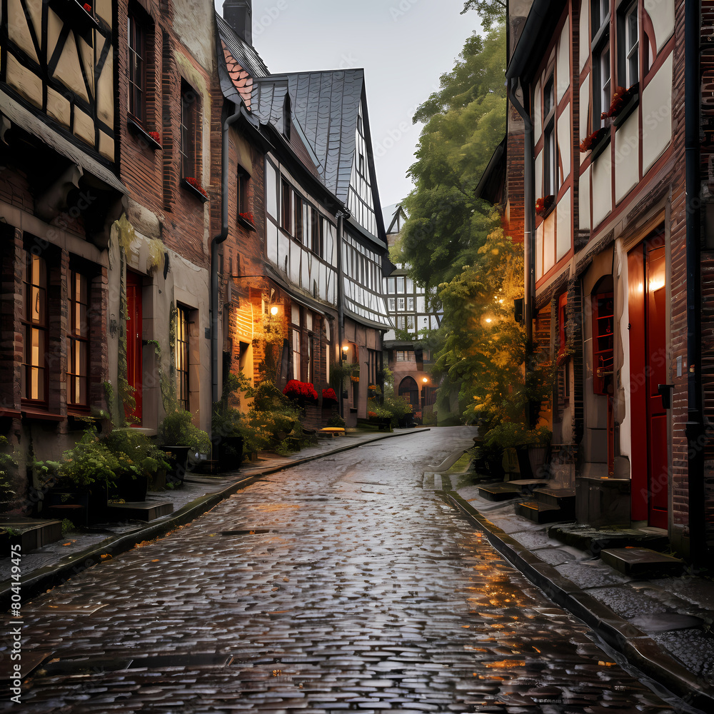 A charming European street with cobblestones.