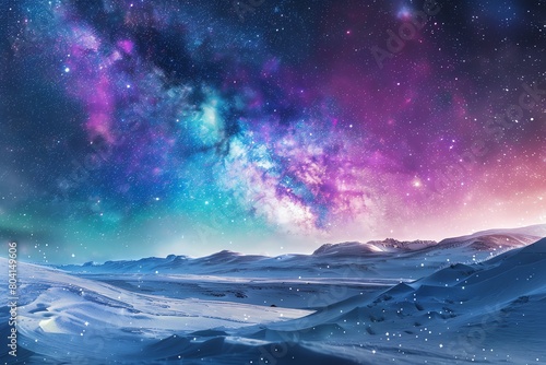 Vibrant stock photo of the Aurora Borealis with a galaxy backdrop  visible from a snowy landscape  showcasing natures cosmic dance