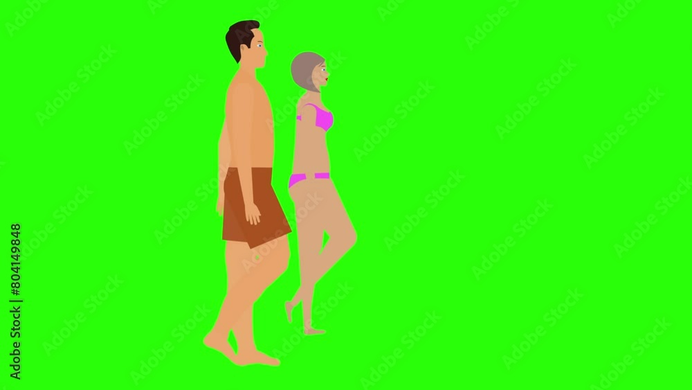 Man and Woman couple walking loop cycle, beach vacation theme, chroma key background animation Man and Woman couple walking loop cycle, beach vacation theme, chroma key background animation
