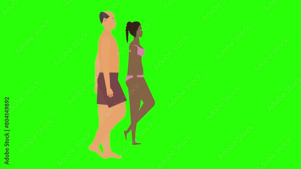 Man and Woman couple walking loop cycle, beach vacation theme, chroma key background animation Man and Woman couple walking loop cycle, beach vacation theme, chroma key background animation
