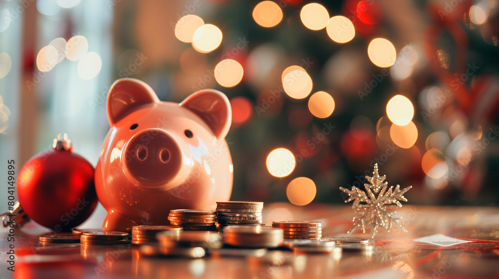 christmas tree and piggy bank on table