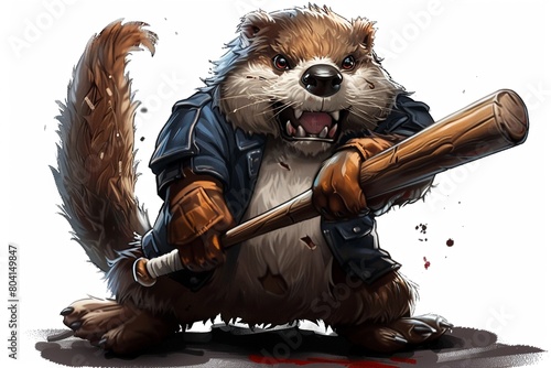 A cartoon character of a fluffy otter holding a baseball bat photo