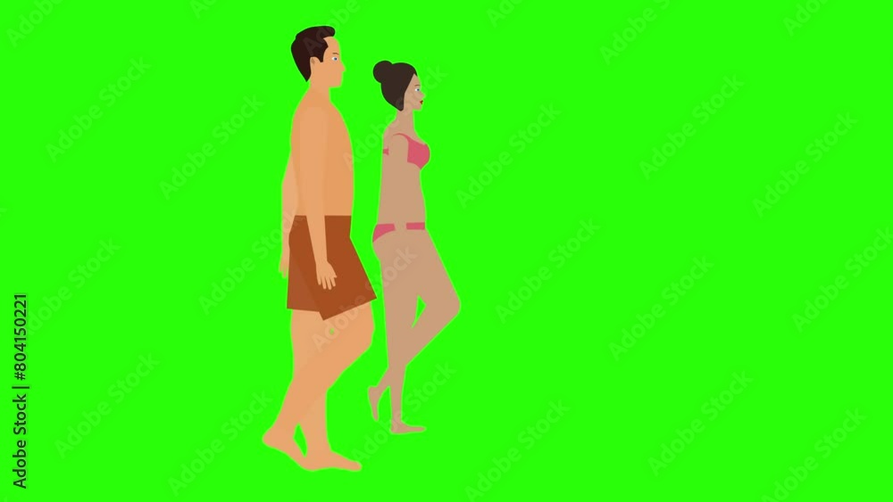 Man and Woman couple walking loop cycle, beach vacation theme, chroma key background animation Man and Woman couple walking loop cycle, beach vacation theme, chroma key background animation