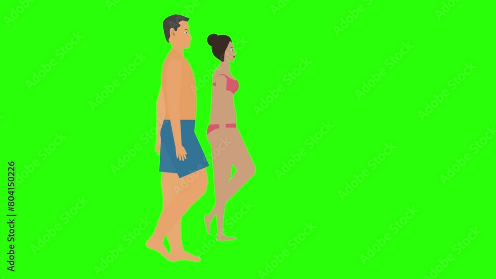 Man and Woman couple walking loop cycle, beach vacation theme, chroma key background animation Man and Woman couple walking loop cycle, beach vacation theme, chroma key background animation
