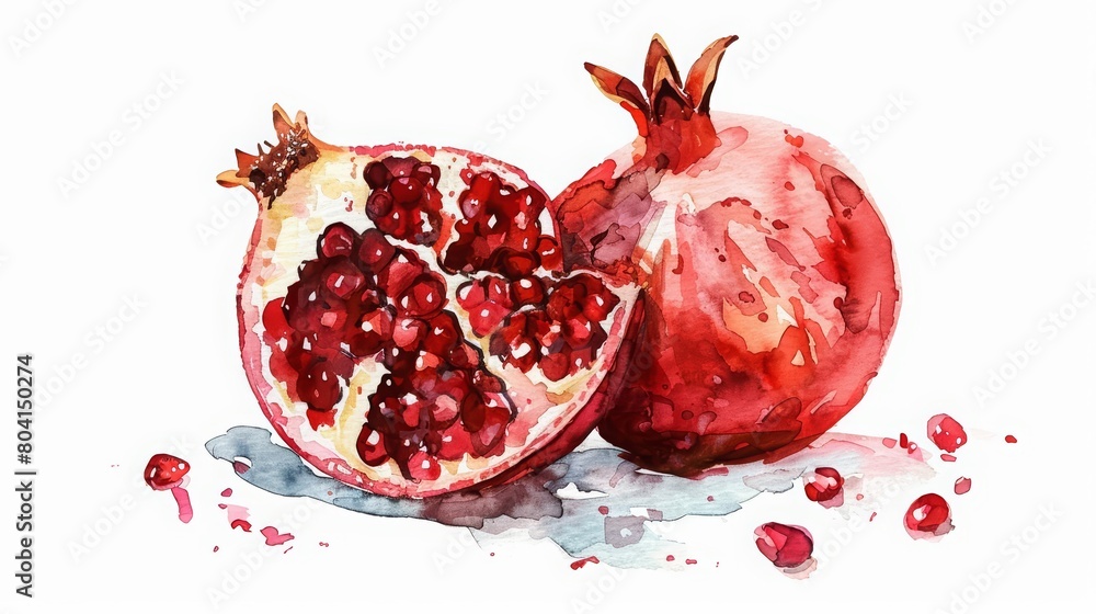 A simple, minimal watercolor painting of a single pomegranate cut open to reveal its seeds, Clipart minimal watercolor isolated on white background A simple, minimal watercolor painting of a single pomegranate cut open to reveal its seeds, Clipart minimal watercolor isolated on white background