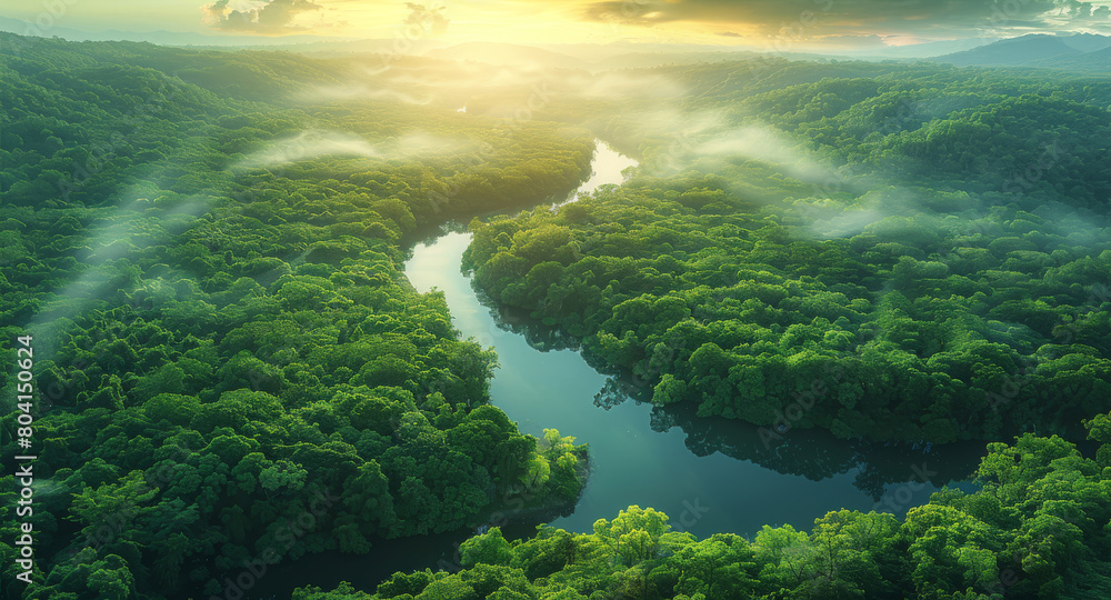 An aerial view of a forest in a sunny morning. The view goes all the way until the horizon where there are mountains and a big distance river. Generative AI. An aerial view of a forest in a sunny morning. The view goes all the way until the horizon where there are mountains and a big distance river. Generative AI.
