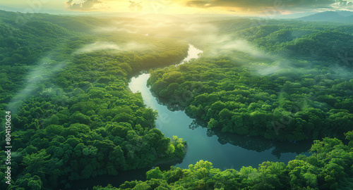 An aerial view of a forest in a sunny morning. The view goes all the way until the horizon where there are mountains and a big distance river. Generative AI.