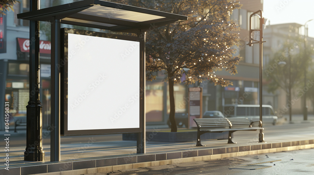 a mockup featuring a blank white vertical digital billboard poster integrated into a modern bus stop shelter design a mockup featuring a blank white vertical digital billboard poster integrated into a modern bus stop shelter design