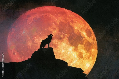 A detailed silhouette of a lone wolf, captured in a howling stance against the moon