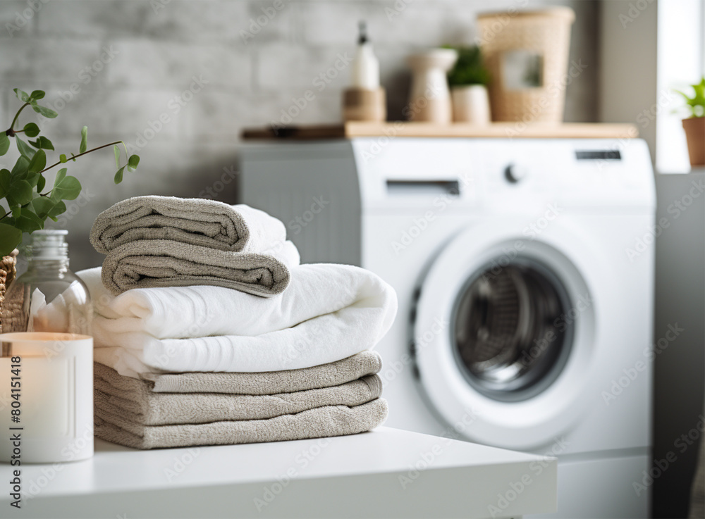 A neatly organized laundry room featuring folded towels, modern appliances, and a soothing aesthetic. Copy space. A neatly organized laundry room featuring folded towels, modern appliances, and a soothing aesthetic. Copy space.