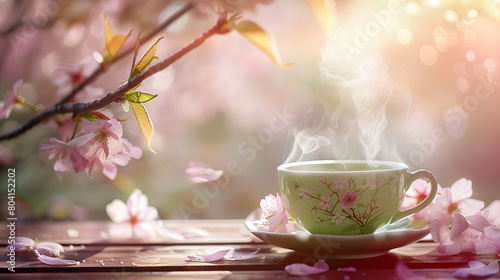 Steaming Green Tea Cup Amidst Spring Cherry Blossoms