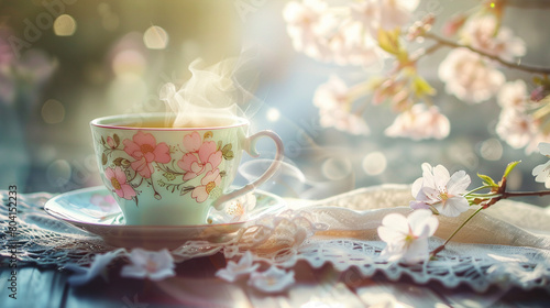 Steaming Cup of Green Tea with Floral Design on Sunlit Table