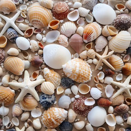 A collection of seashells on a sandy beach.
