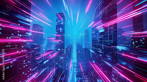 Futuristic Cityscape with Vibrant Blue and Pink Neon Lights