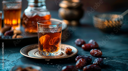 cup of tea with dried fruits and spices on black table.
