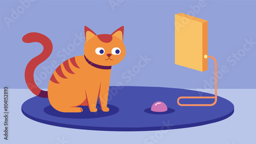 A shy cat slowly creeps towards the interactive pet training mat lured by the calming sound and sight cues to overcome its anxieties and fears.. Vector illustration