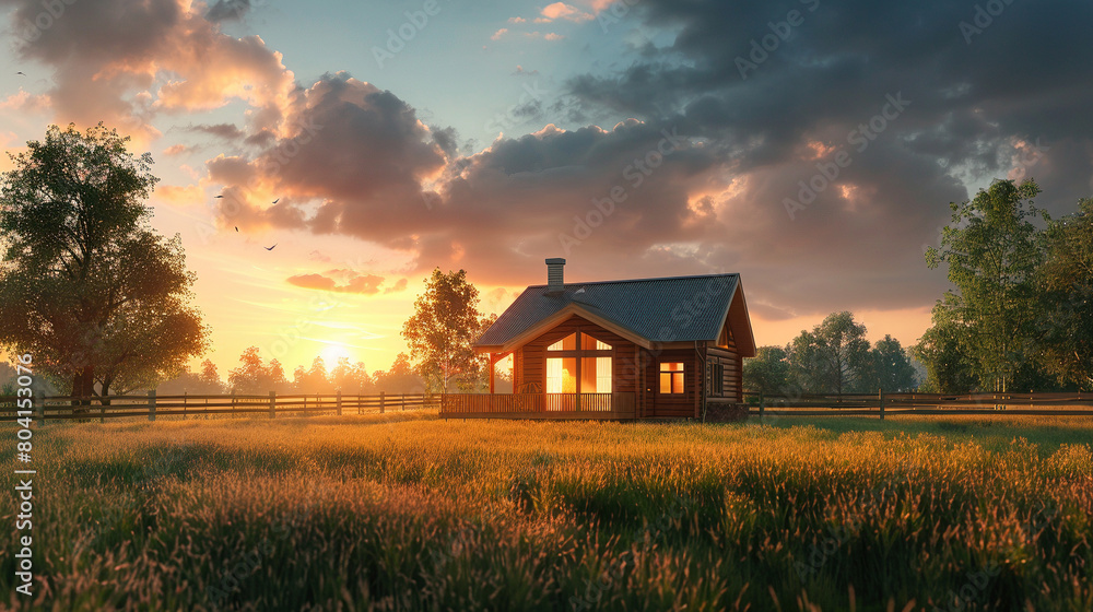 Serene Sunset Over a Modern Wooden House in a Field Serene Sunset Over a Modern Wooden House in a Field