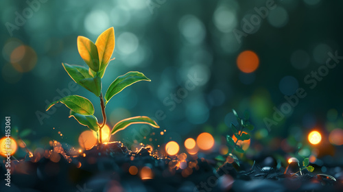  a vibrant young sapling illuminated by the gentle rays of dawn, juxtaposed against a backdrop of blurred bokeh lights, embodying the harmonious fusion of natural beauty and technological artistry. photo