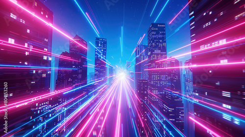 Futuristic City at Night with Vibrant Neon Light Trails