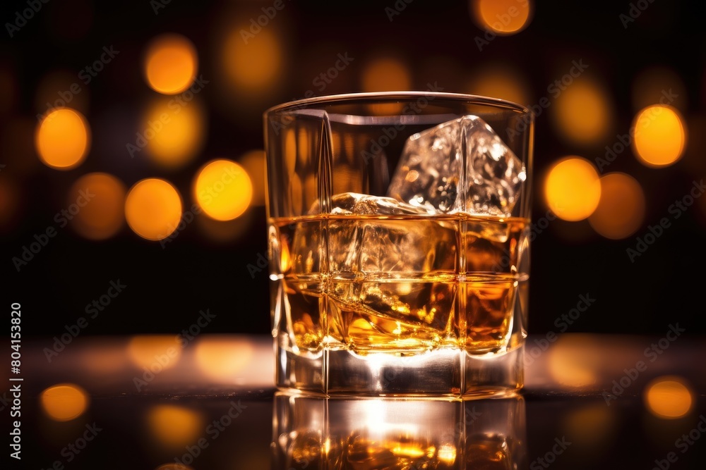 Whiskey Wonderland: Close-up of a whiskey glass with a large ice cube.