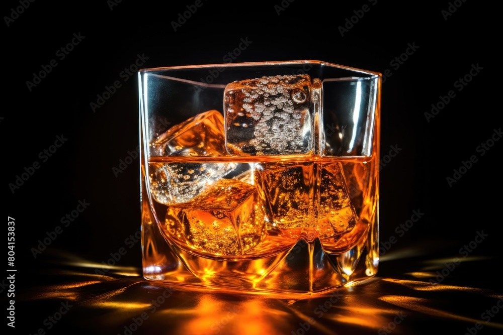 Whiskey Wonderland: Close-up of a whiskey glass with a large ice cube.