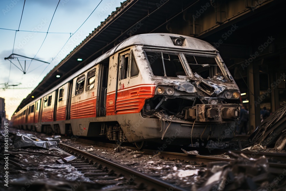 Fototapeta premium Old abandoned and already rusty train. A missile strike attack on the civilian population during the war.