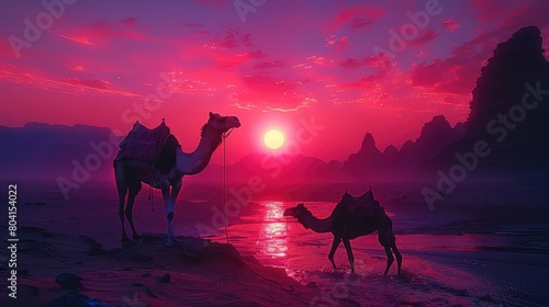 Lantern in the desert at night with camel  ramadan kareem banner background concept
