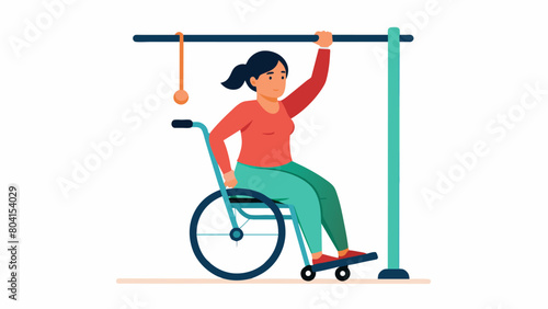 A woman in a wheelchair demonstrates the ease of using an accessible pullup bar with adjustable height and grip options.. Vector illustration